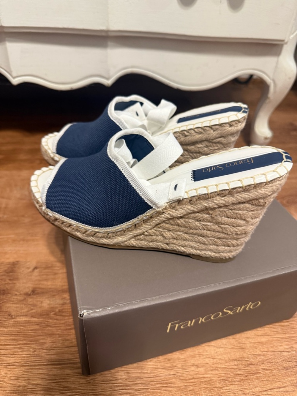Franco Sarto Navy and White Canvas Espadrille Wedge Sandal - Picture 5 of 8